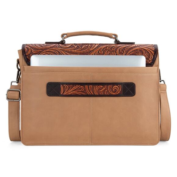 Wrangler Tan Genuine Leather Tooled Travel/Laptop/Messenger Bag *NEW in Package* - Picture 9 of 10